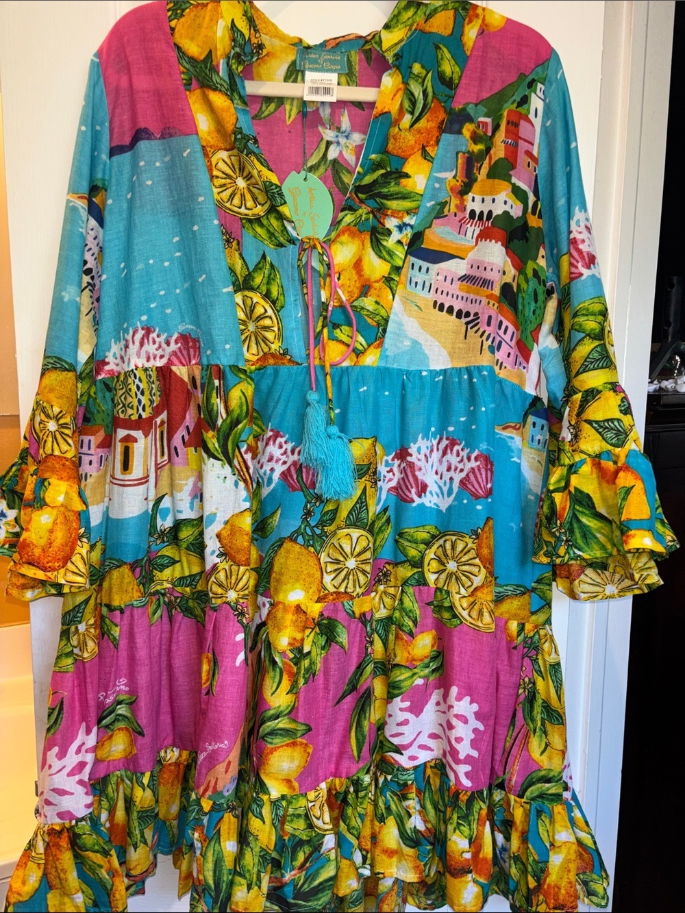 ANTICA SARTORIA MULTICOLORED COTTON TIERED DRESS LEMON & SEASIDE PRINT ONE SIZE